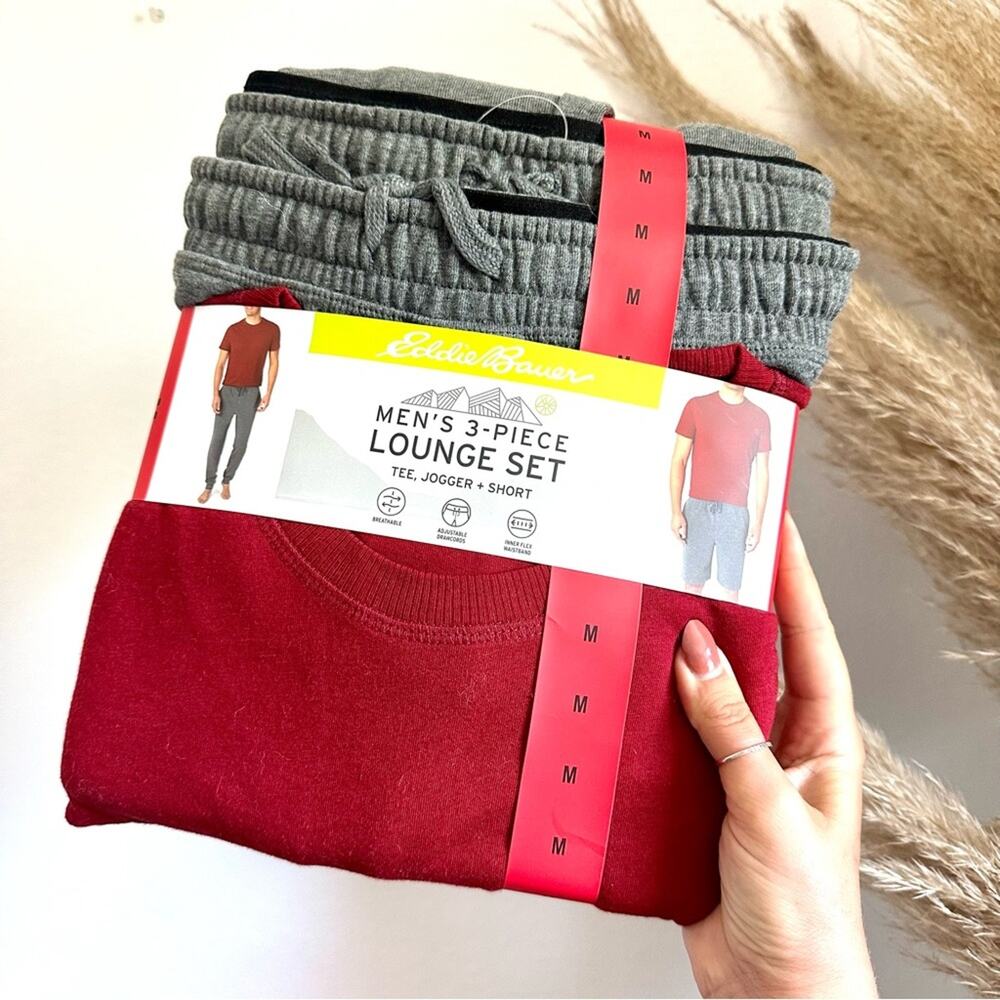 NEW EDDIE BAUER Grey Gray Sweatpants Sweat Shorts Dark Red T Shirt Lounge Set M